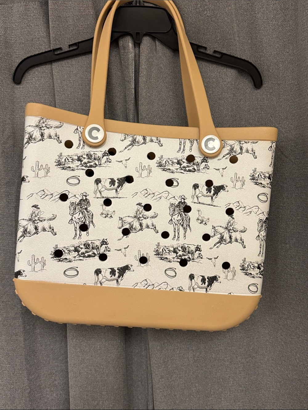 Canvas Western-Print Tote Bag in Cream and Tan